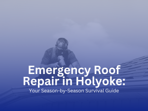 Professional roofer performing emergency roof repair on a shingle roof in Holyoke during inclement weather