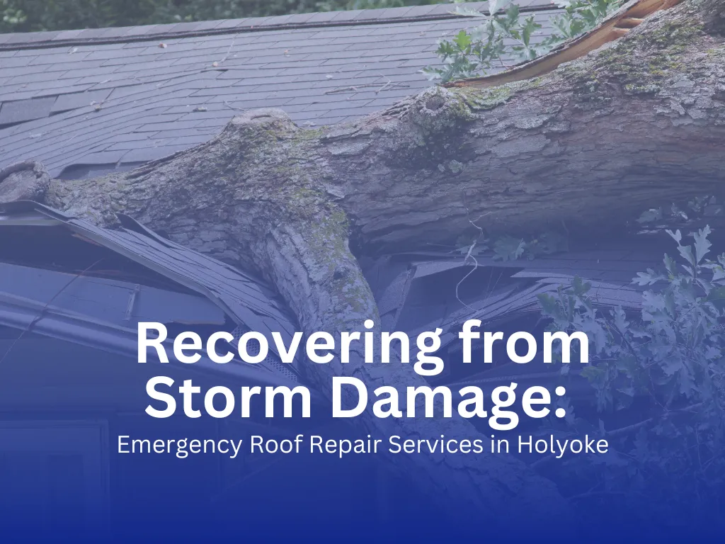 Large tree fallen on roof causing major storm damage to a home in Holyoke, Massachusetts