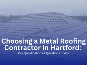 Blue metal tile roof on a residential building in Hartford, Connecticut under overcast sky