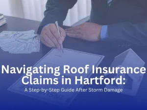 Person signing roof insurance claim form with cash on the desk after storm damage in Hartford, CT