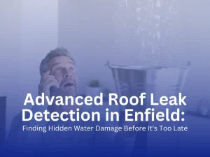 Worried homeowner calling for help as water leaks from ceiling into a bucket in Enfield, CT