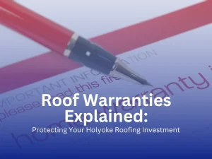 Close-up of pen and warranty document highlighting roof protection for homeowners in Holyoke, MA
